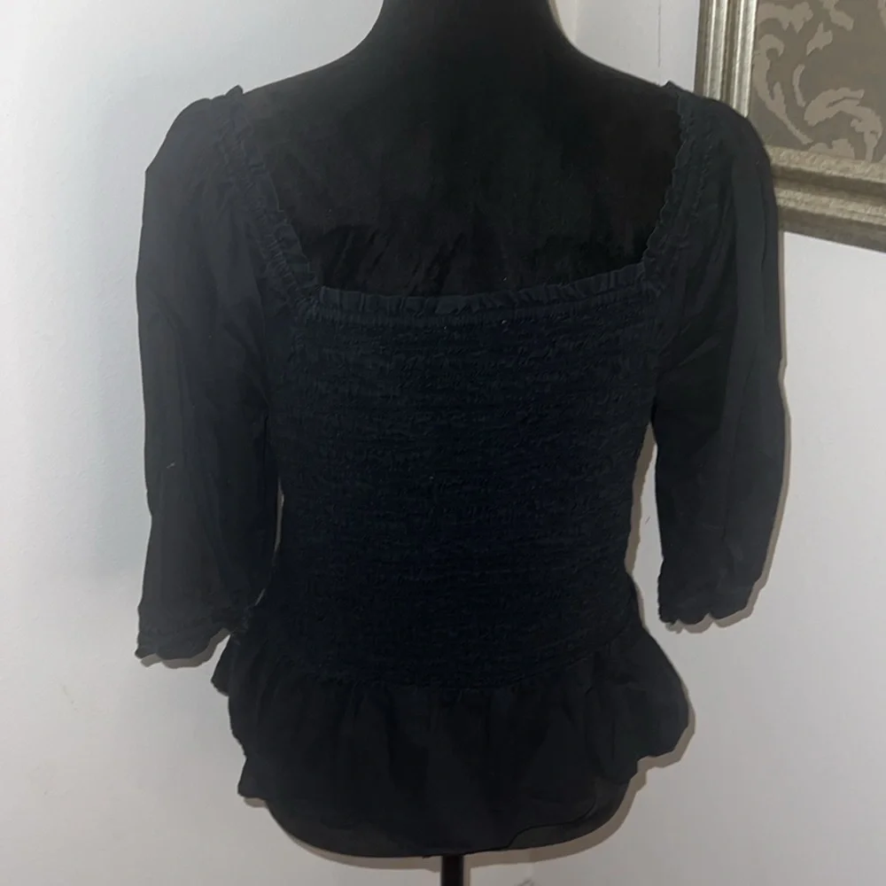 LOFT black smocked poplin puff sleeves cropped top blouse sz L‎